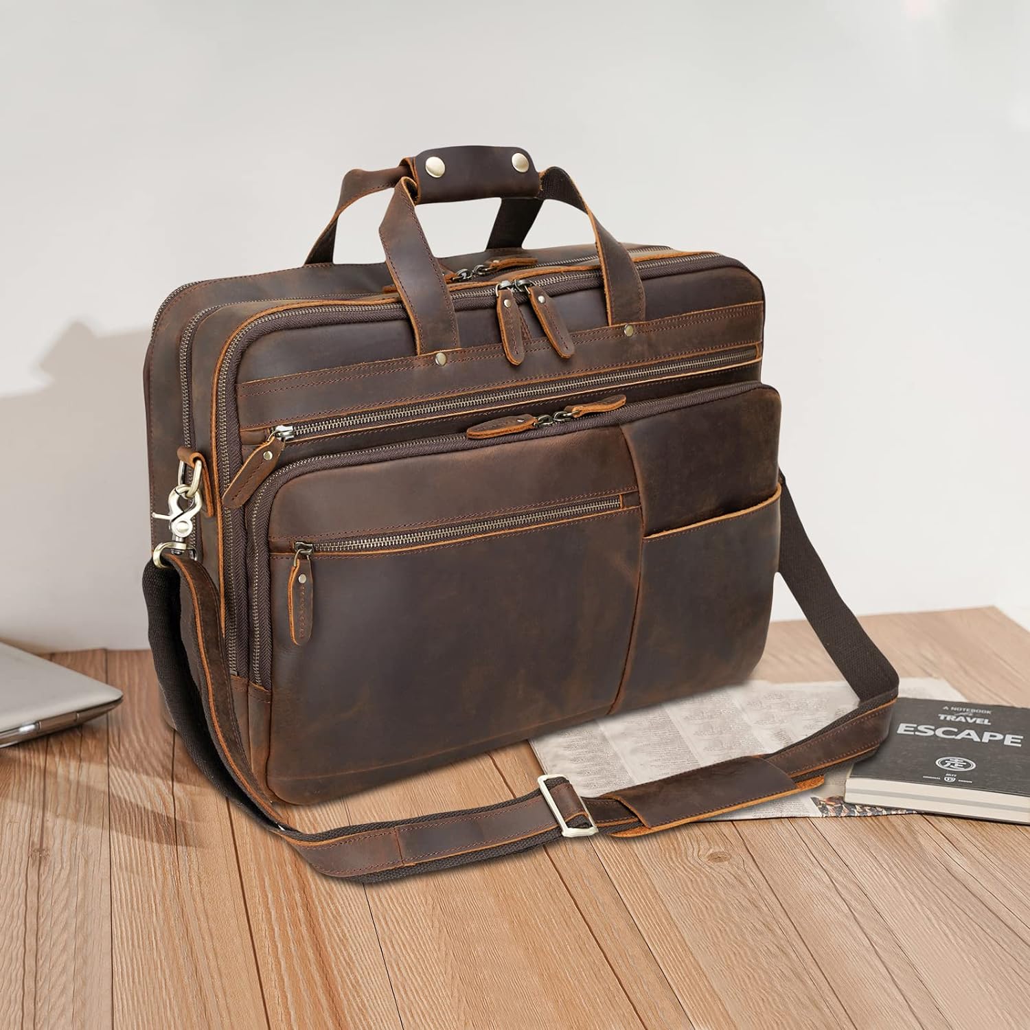 Large Leather Business Briefcase for Men 18" Napa Leather Laptop Case Messenger Bag Fits 17.3" Laptop (Black) - Image 8